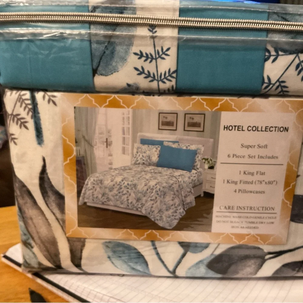 NWT Hotel Collection Bamboo 1800 King Bedding Teal and White 6 pc set 16” pocket